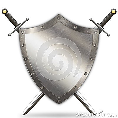 Antique riveted shield and two swords. Stock Photo