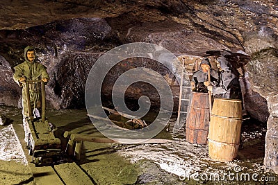 Medieval miners at work in Wieliczka, Poland. Editorial Stock Photo