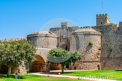 The medieval moat and the city walls of Rhodes. Editorial Stock Photo