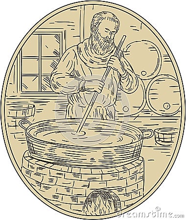 Medieval Monk Brewing Beer Oval Drawing Cartoon Illustration