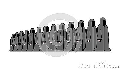 Medieval Monks go to Mass. Line of Monastics. Occultist in hood Vector Illustration