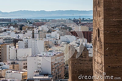 Medieval moorish fortress Alcazaba in Almeria, Eastern tip is the bastion of the outgoing, Almohade Arch of South Tower Editorial Stock Photo