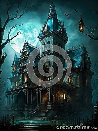 Gothic castle 06 mansion night dark house with flying bat. Generative AI Stock Photo