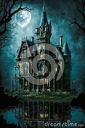 Gothic castle 05 mansion night dark house Generative AI Stock Photo