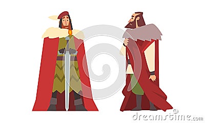 Medieval Nobleman in Mantle with Sword Vector Set Vector Illustration
