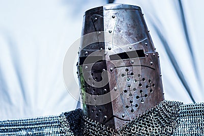 Ancient Medieval Knight Helmet and Chain Mail on Display - Middle Ages Armor Concept Stock Photo