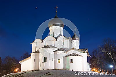 Medieval orthodox church of Basil the Great on February night. Pskov Stock Photo