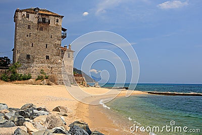 Medieval Ouranoupoli Tower, Chalkidiki, Greece Stock Photo