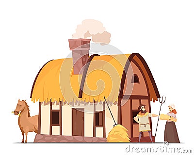 Medieval Peasant Household Cartoon Illustration Vector Illustration
