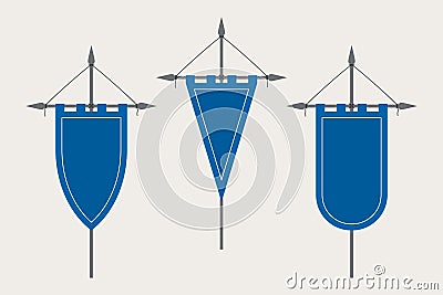 Medieval Pennant Hanging on Flagpole. Set of Blank Flags. Blue Template Banner and Poster Vector Vector Illustration