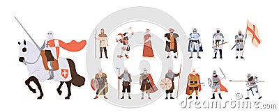 Medieval people cartoon characters set with knights, peasant, jester, nun, warrior, rich lord Vector Illustration