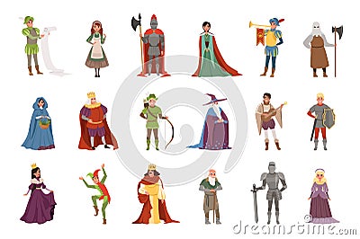 Medieval people characters set, European middle ages historic period elements vector Illustrations Vector Illustration