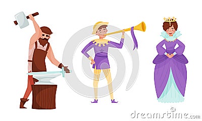 Medieval People with Queen and Bearded Blacksmith Vector Set Vector Illustration