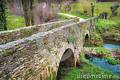 Medieval Pilgrim Bridge Puente outside the Town of Sarria in Galicia, on Way of St James Jakobsweg Camino de Santiago Pilgrimage Stock Photo