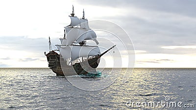A medieval pirate ship sailing on a vast blue ocean. Concept of sea adventures in the middle ages. 3D Rendering Stock Photo
