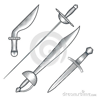 Medieval pirate sword dagger dirk engraving style illustration Vector Illustration