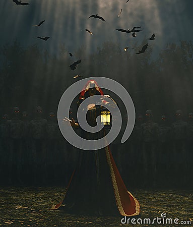 Medieval princess with lantern at night surrounded by the undead Stock Photo