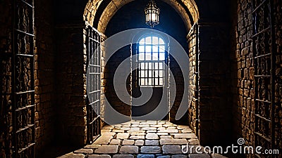 Medieval prison cells, creepy dungeon, dim lights. Stock Photo