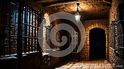 Medieval prison cells, creepy dungeon, dim lights. Stock Photo