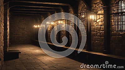 Medieval prison cells, creepy dungeon, dim lights. Stock Photo