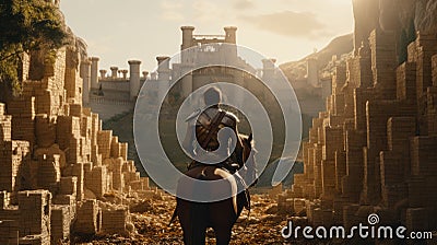 Medieval Quest Amidst Cardboard Realms: Knight Rides to Towering Castle Stock Photo