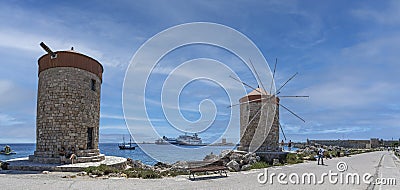 Medieval Rhodes Town Windmills, Mandraki harbor, Greece Editorial Stock Photo