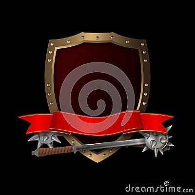 Medieval riveted shield with maces and red ribbon. Stock Photo