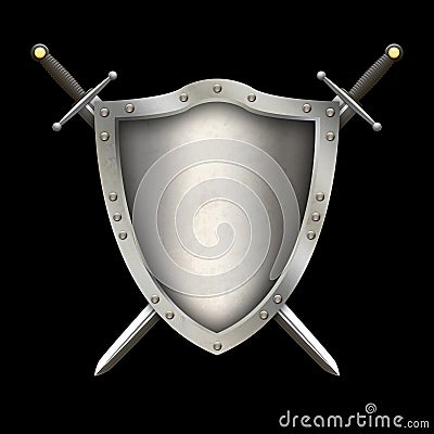 Medieval riveted shield with swords. Stock Photo