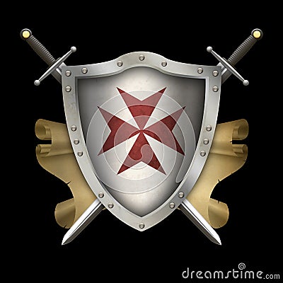 Medieval shield with swords and antique scroll. Stock Photo