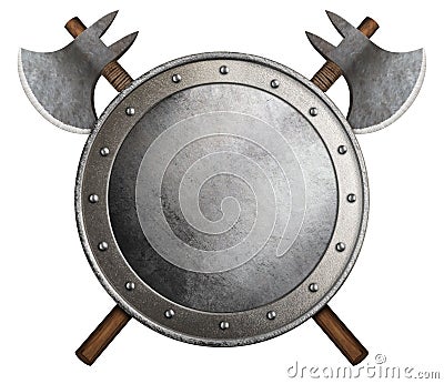 medieval round shield and crossed axes isolated 3d illustration Stock Photo