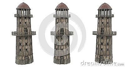 Medieval round watch tower with lookout balcony. 3D illustration with 3 different angles isolated on white Stock Photo