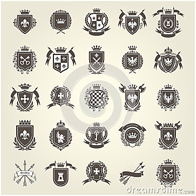 Medieval royal coat of arms, knight emblems, heraldic shield crest and blazons set Vector Illustration