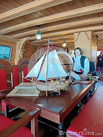 Medieval sail ship Goto Predestinacia in the river bank. Interior. Canons. Exterior. Editorial Stock Photo