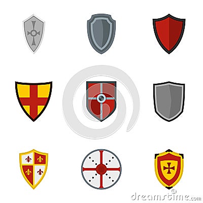 Medieval shield icons set, flat style Vector Illustration