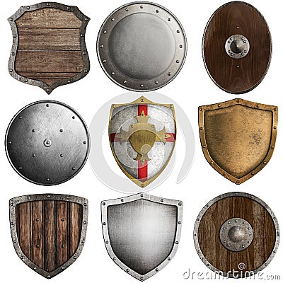 Medieval shields collection isolated on white Stock Photo