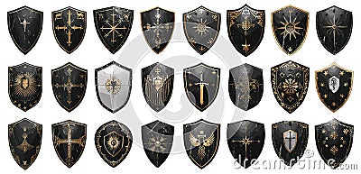 Medieval shields of knights. Cross and sun, sword and crown, phoenix and star signs on ancient shield shapes isolated on Vector Illustration