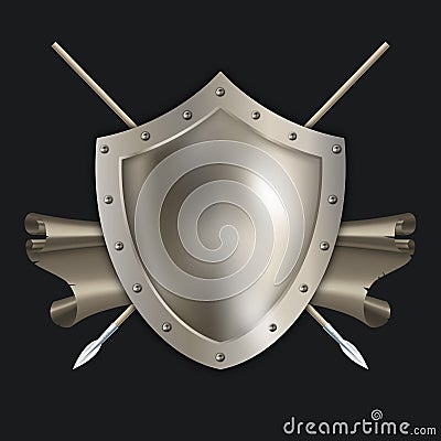 Medieval silver shield with spears and scroll. Stock Photo