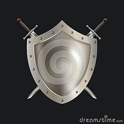 Medieval silver shield with swords. Stock Photo