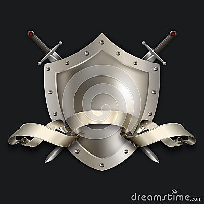Medieval silver shield with swords and ribbon. Stock Photo