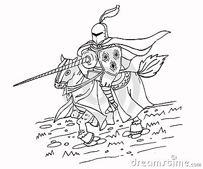 Medieval spear knight on horse. Ink illustration. Vector Illustration