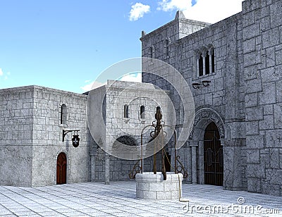 Medieval Stone Castle Courtyard Background Stock Photo