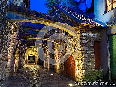 Medieval street at dusk. Tallinn, Estonia Stock Photo