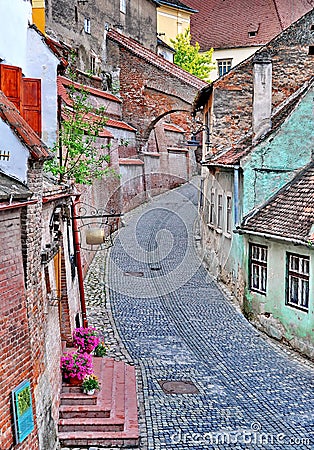 Medieval Street in Sibiu Town, Romania Stock Photo