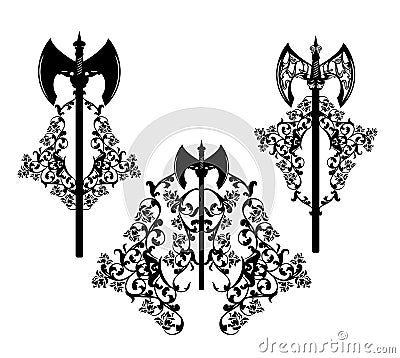 Fantasy dwarf battle axe and rose flowers black vector design set Vector Illustration