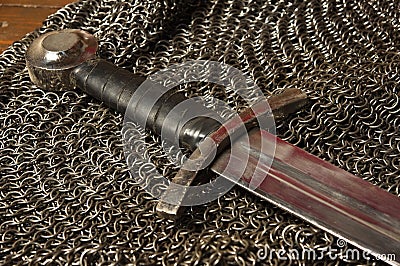 Medieval sword and hauberk Stock Photo