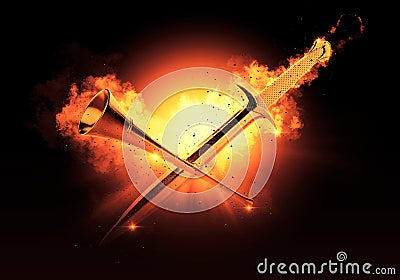 Medieval Sword and Trumpet Fire Action Background Stock Photo