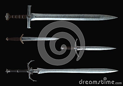 The medieval swords isolated on black background 3d illustration Cartoon Illustration