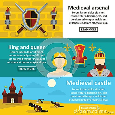 Medieval symbols banner horizontal set, flat style Vector Illustration