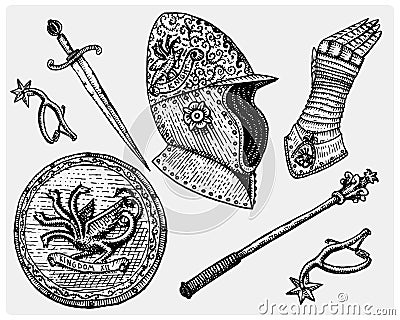 Medieval symbols, Helmet and gloves, shield with dragon and sword, knife and mace, spur vintage, engraved hand drawn in Vector Illustration