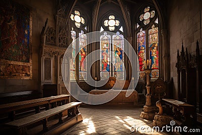 medieval throne room with intricate stone work, stained glass windows, and banners Stock Photo